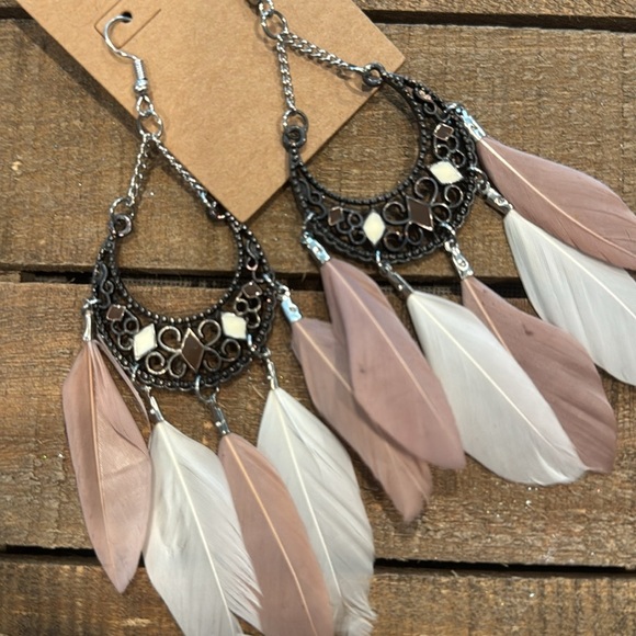Bohemian Feather Earrings in Black and White - Picture 2 of 2
